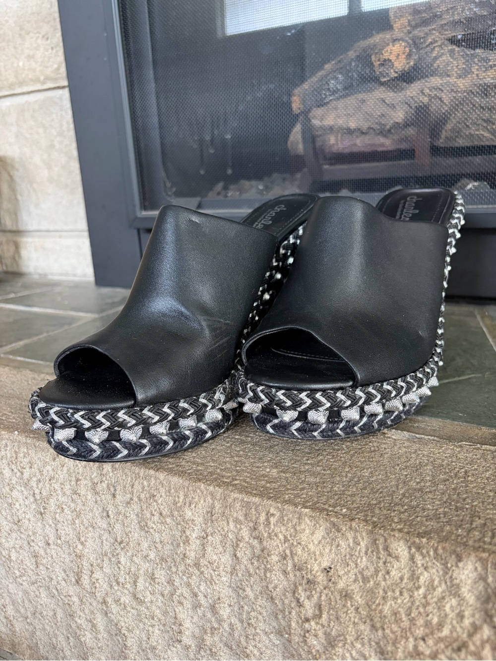 Charles By Charles David Black Open-Toe Braided Platform Wedge Mules - Picture 3 of 5